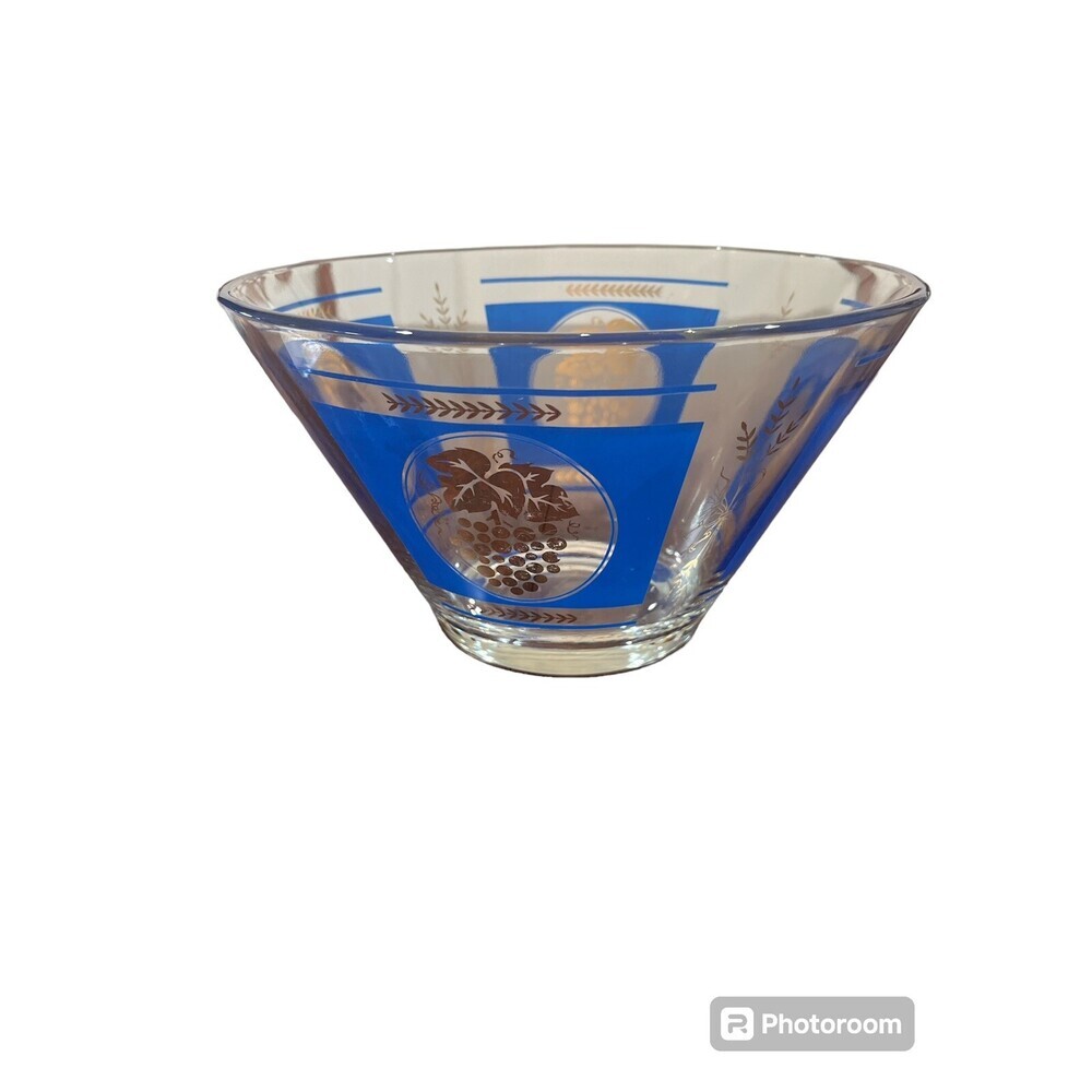 vintage MCM Hazel Atlas grapes punch fruit bowl gold & blue 10.5" Mid Century